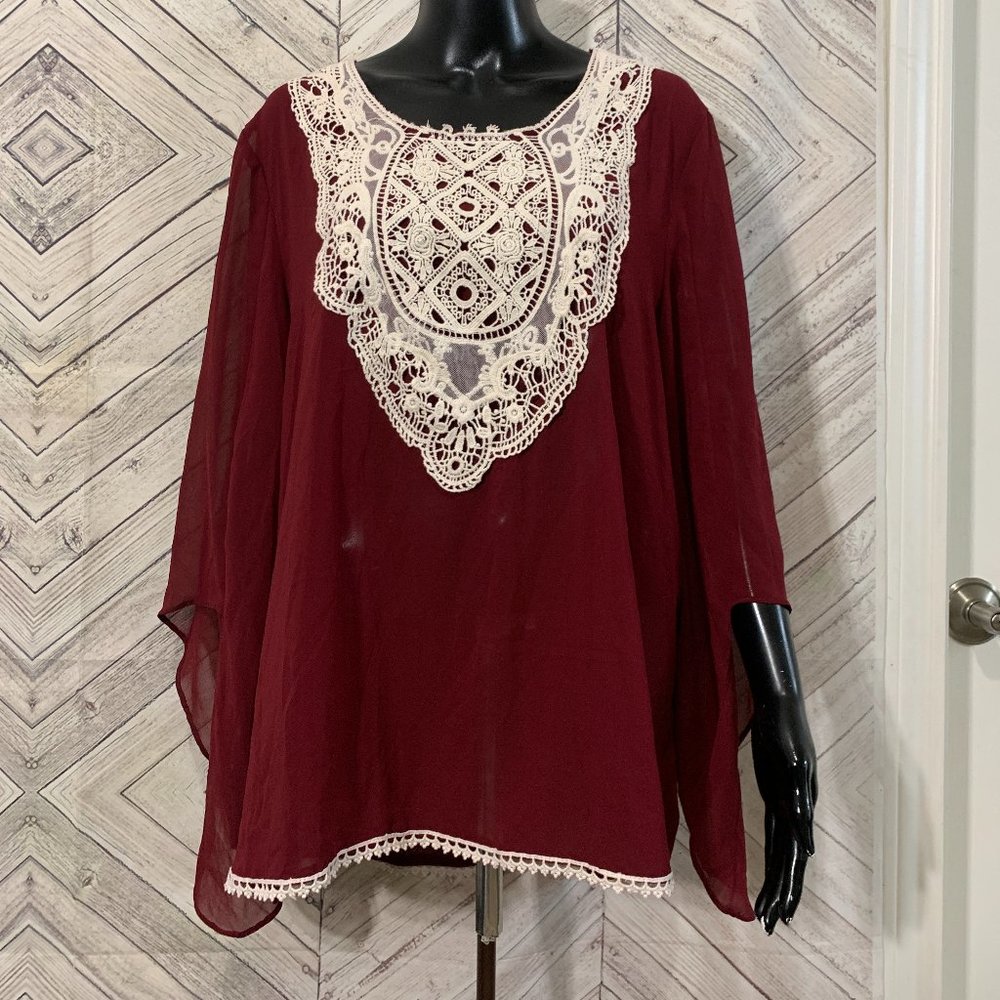 nwt Umgee 1X cream maroon sheer kaftan blouse